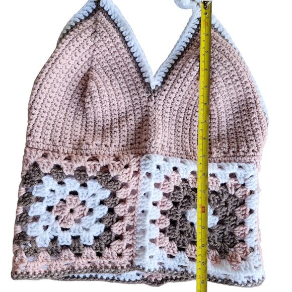 Handmade Crochet knit granny square halter top fits medium pink boho hippe - Picture 4 of 7